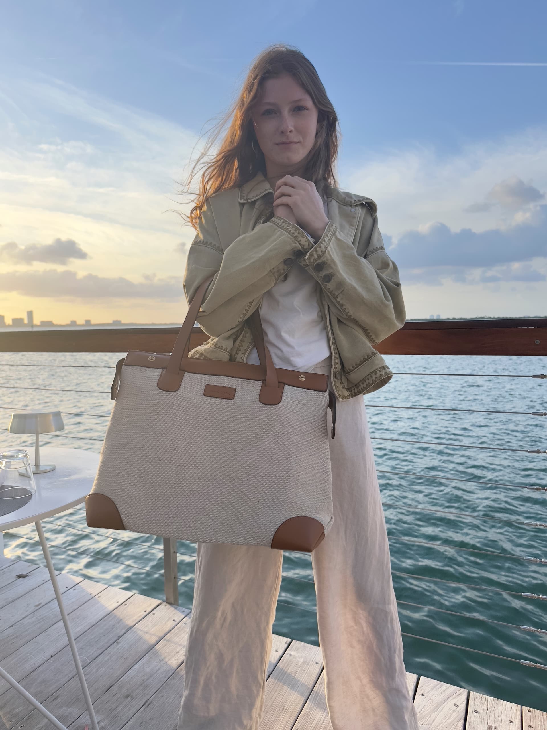Linen weekender bag waterfront - luxury leather accent travel tote resort styling